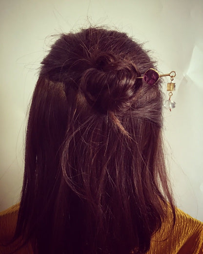 かんざしバレッタ グレー ウール シトリン かんざしバレッタ