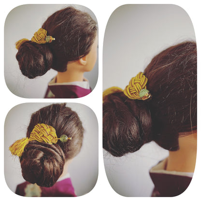 かんざしバレッタ 組紐 シルク 黄色 釉薬 TAMARUSAN