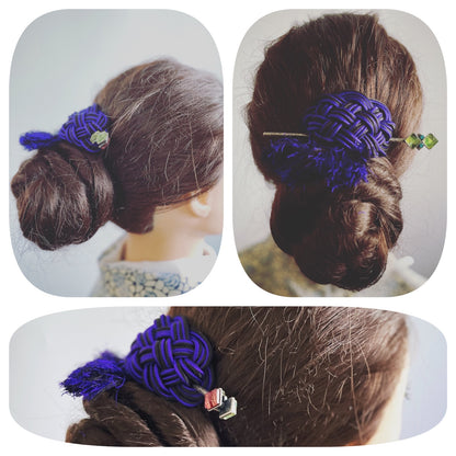 かんざしバレッタ 組紐 正絹 紫 黄緑 TAMARUSAN